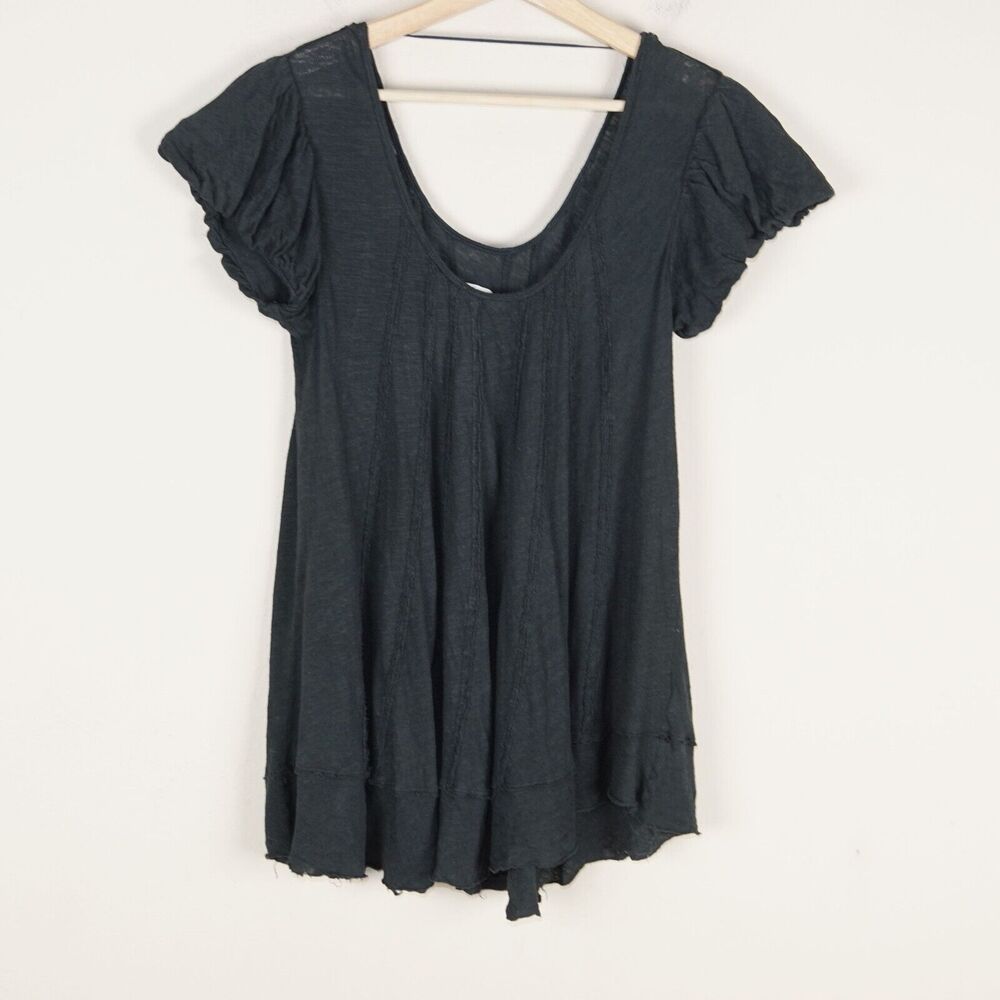 We The Free Star Black Linen Blend Washed Black Puff Sleeve Boho Top Womens XS